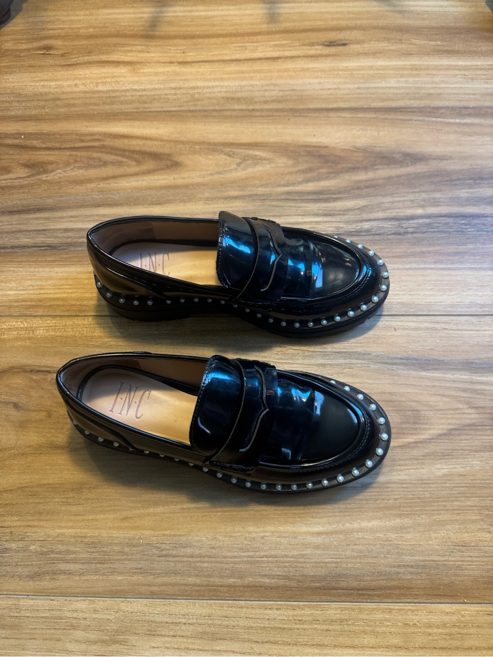 INC International Concepts Black Patent Loafers with Pearl Color Stud Trim